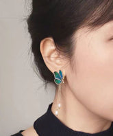 Gradient Color Blue Copper Overgild Pearl Tassel Butterfly Drop Earrings